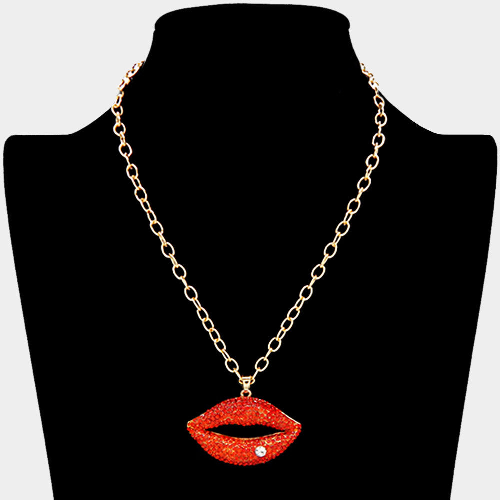 Madeline Love Gold, Red Rhinestone Paved Lip Pendant Necklace - Necklaces