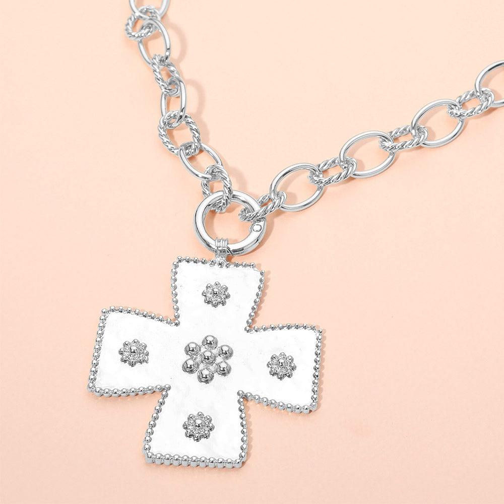 Madeline Love Silver Floral Beaded Metal Cross Pendant Toggle Necklace - Necklaces