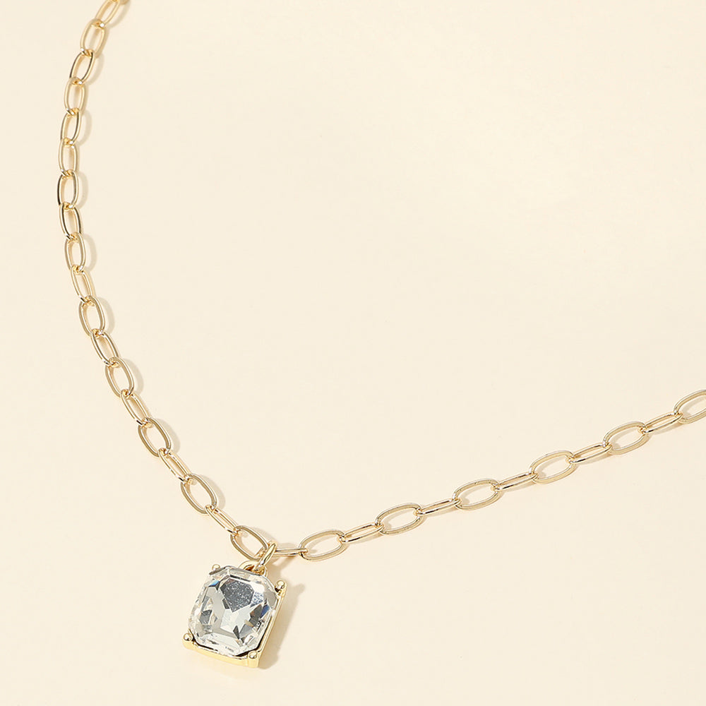 Madeline Love Clear, Gold Faceted Rectangular Gem Pendant Paperclip Chain Necklace