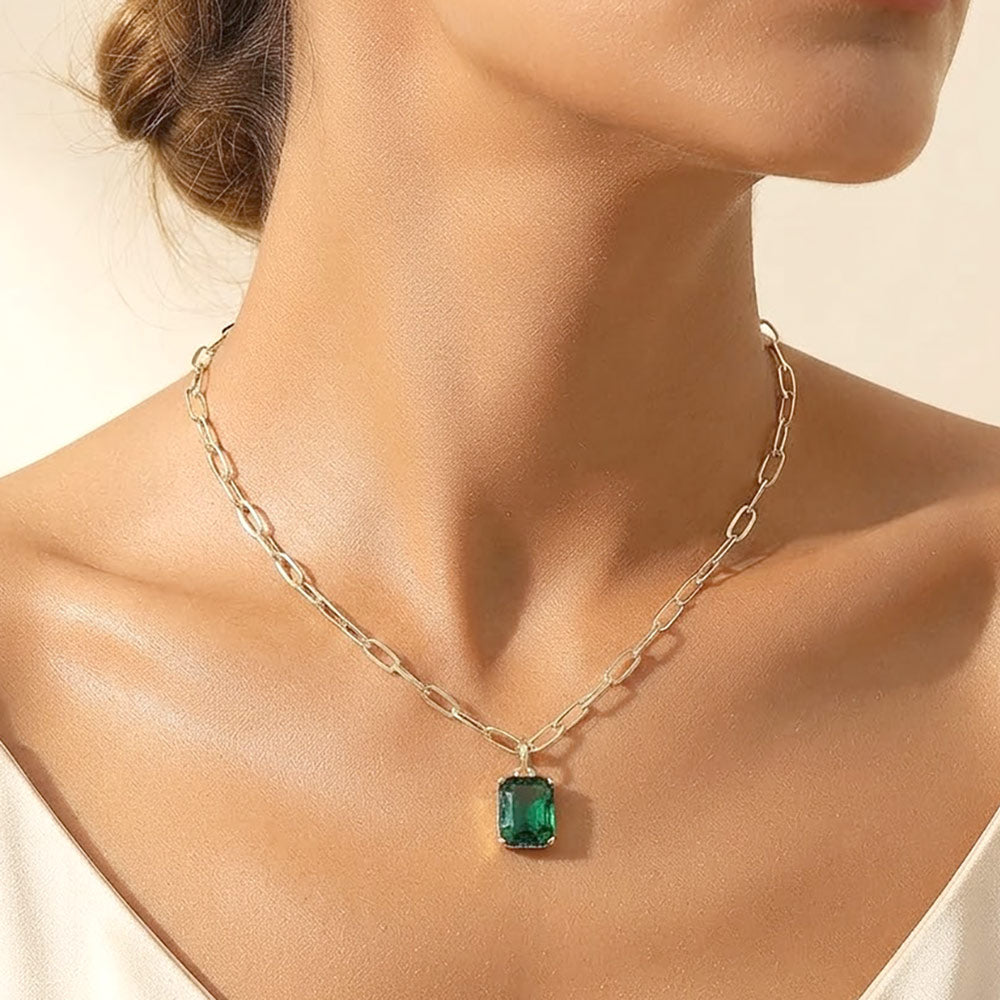 Madeline Love Emerald, Gold Faceted Rectangular Gem Pendant Paperclip Chain Necklace