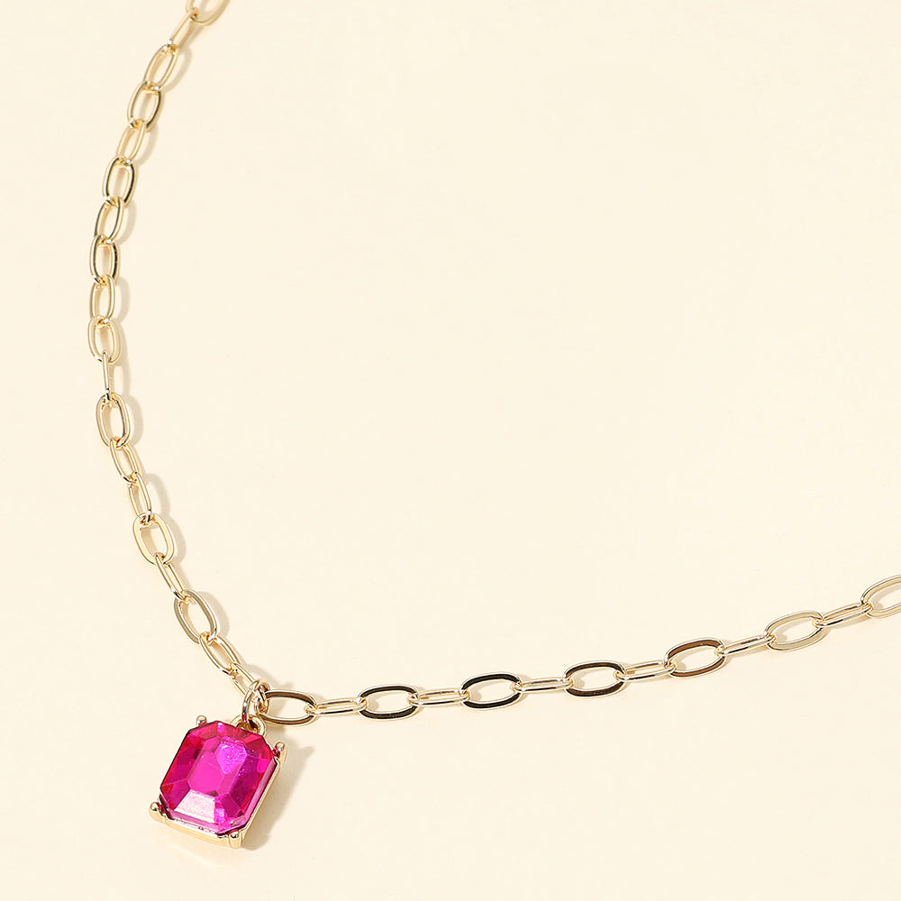 Madeline Love Fuchsia, Gold Faceted Rectangular Gem Pendant Paperclip Chain Necklace