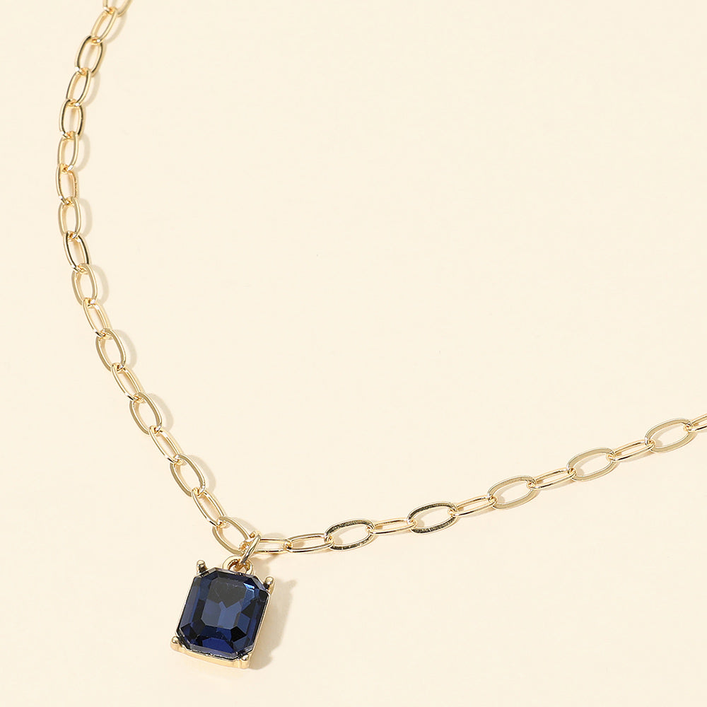 Madeline Love Gold, Montana Blue Faceted Rectangular Gem Pendant Paperclip Chain Necklace