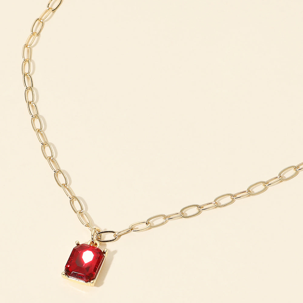 Madeline Love Gold, Siam Faceted Rectangular Gem Pendant Paperclip Chain Necklace