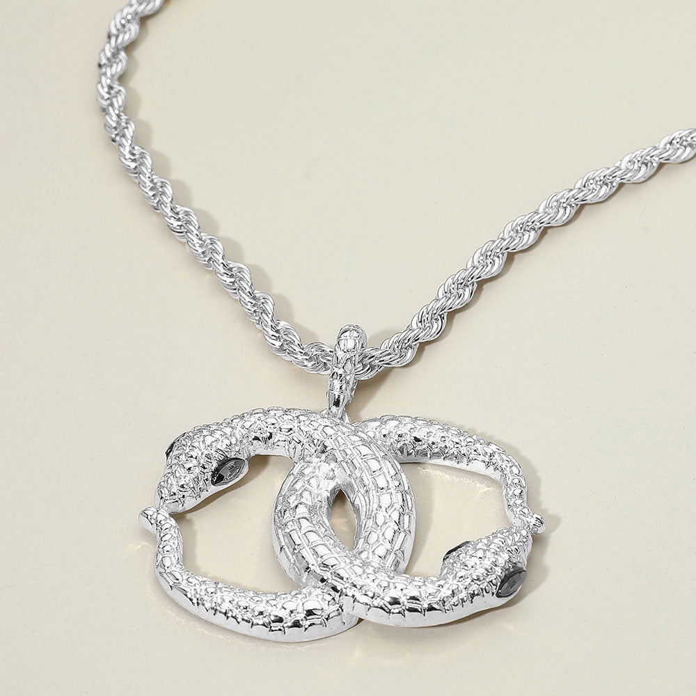 Madeline Love Rhodium Bold Textured Metal Interlocking Snake Pendant Chunky Twisted Chain Necklace - Jewelry