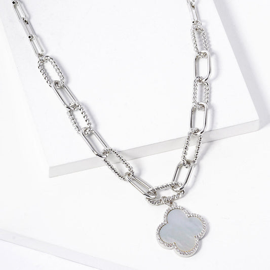 Madeline Love Rhodium, White White Gold Dipped Quatrefoil Pendant Paperclip Chain Necklace - Jewelry