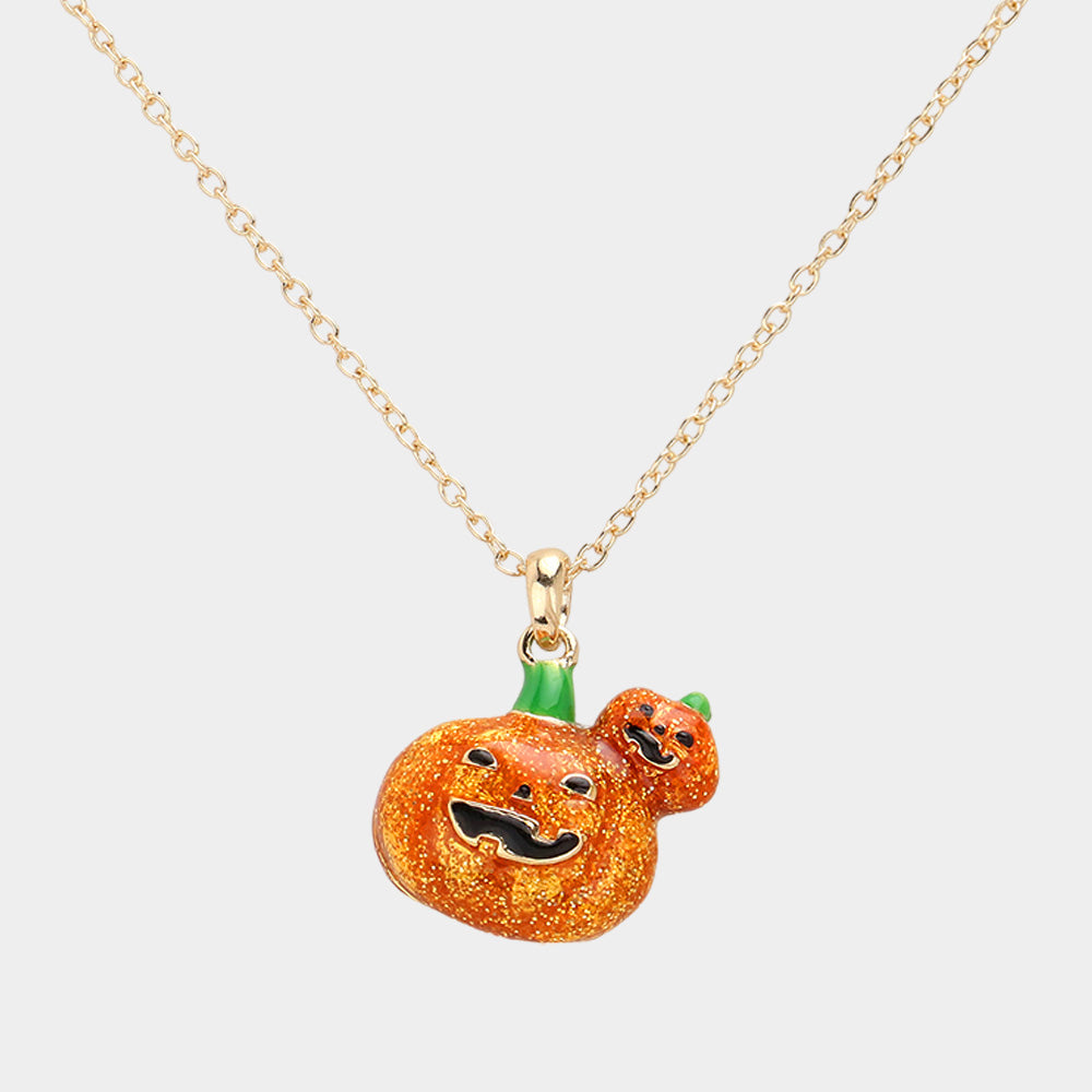 Gold, Multi Enamel Halloween Pumpkin Pendant Necklace