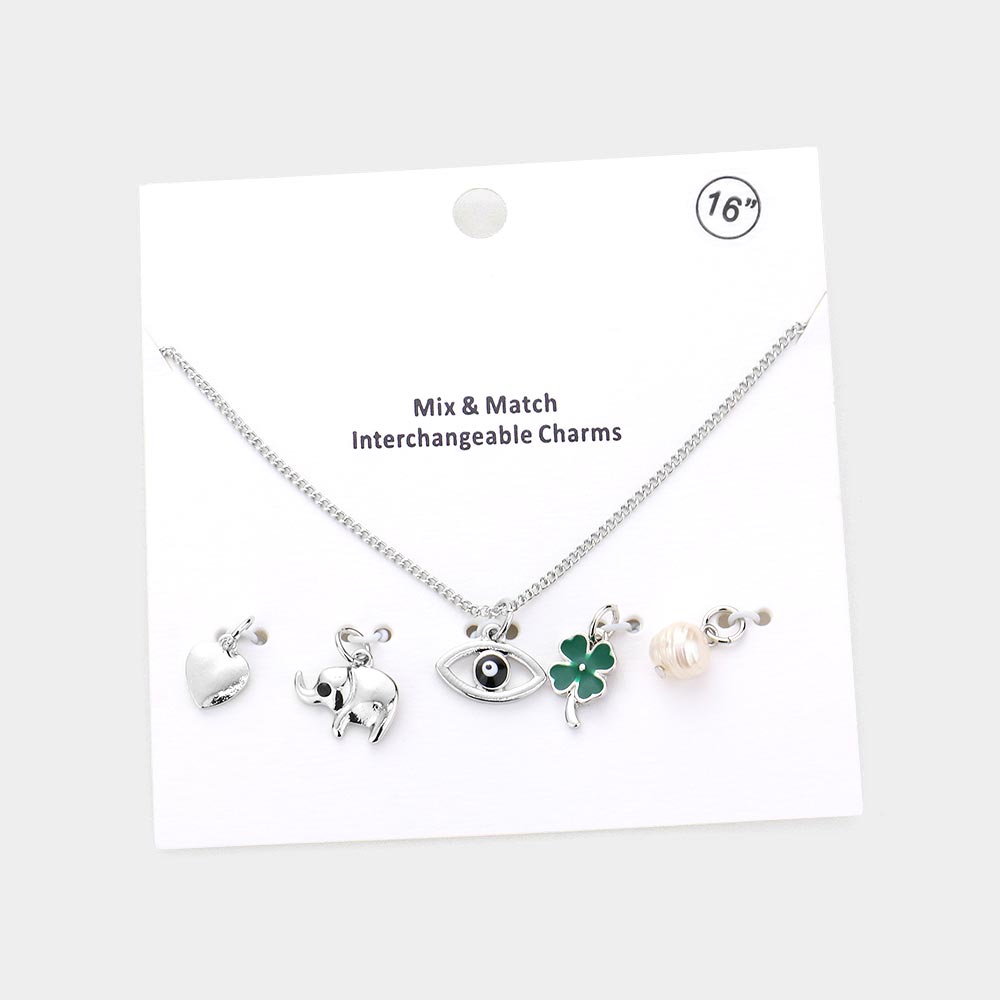 Madeline Love Rhodium Heart Elephant Evil Eye Clover Freshwater Pearl Interchangeable Pendant Necklace - Necklaces