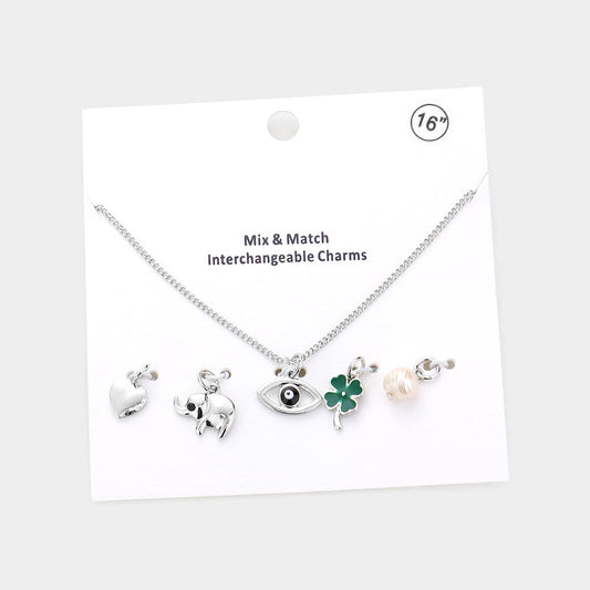 Madeline Love Rhodium Heart Elephant Evil Eye Clover Freshwater Pearl Interchangeable Pendant Necklace - Necklaces