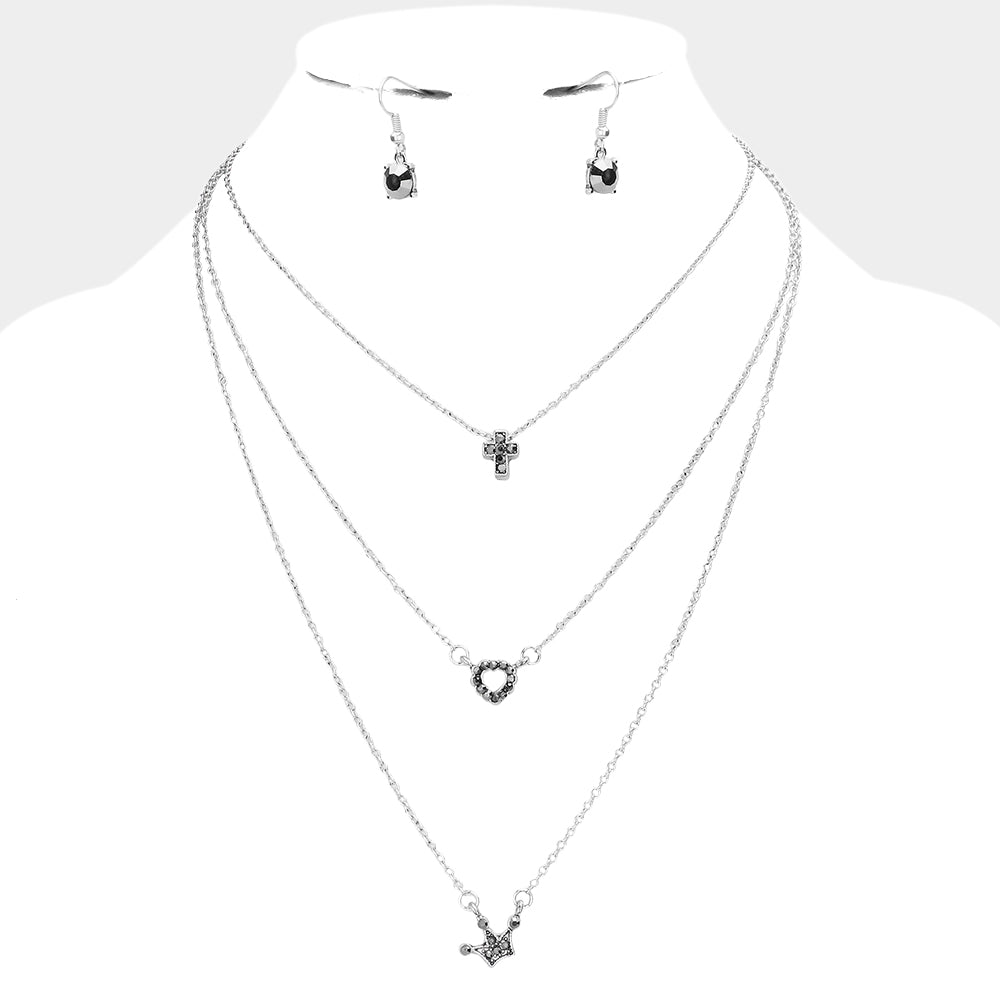 Madeline Love Hematite Triple Layer Stone Cross Heart Pendant Necklace - Jewelry