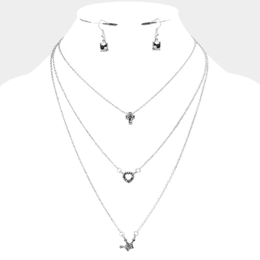 Madeline Love Hematite Triple Layer Stone Cross Heart Pendant Necklace - Jewelry