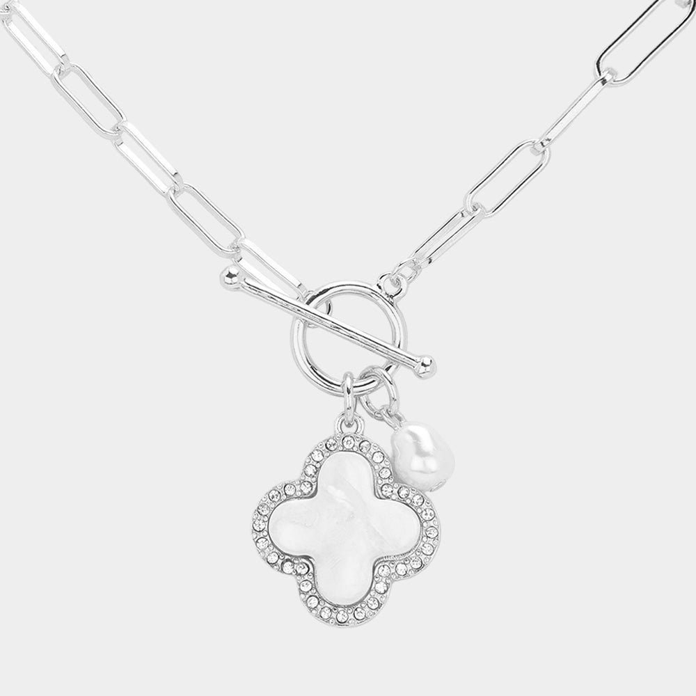 Madeline Love Mother of Pearl, Silver Mother Of Pearl Quatrefoil Pendant Paperclip Chain Toggle Necklace - Necklaces