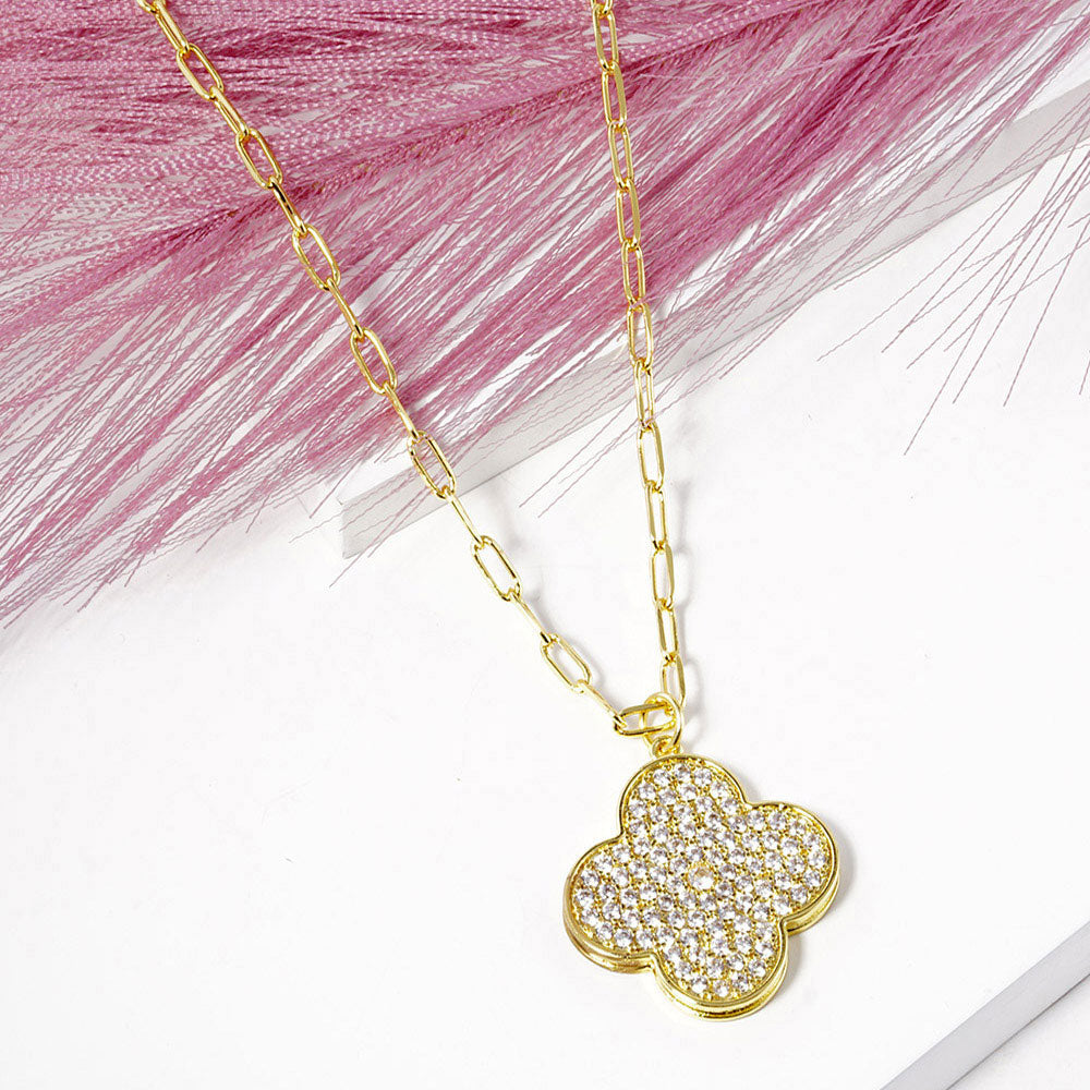 Madeline Love Clear, Gold Gold Dipped Stone Paved Quatrefoil Pendant Necklace - Jewelry