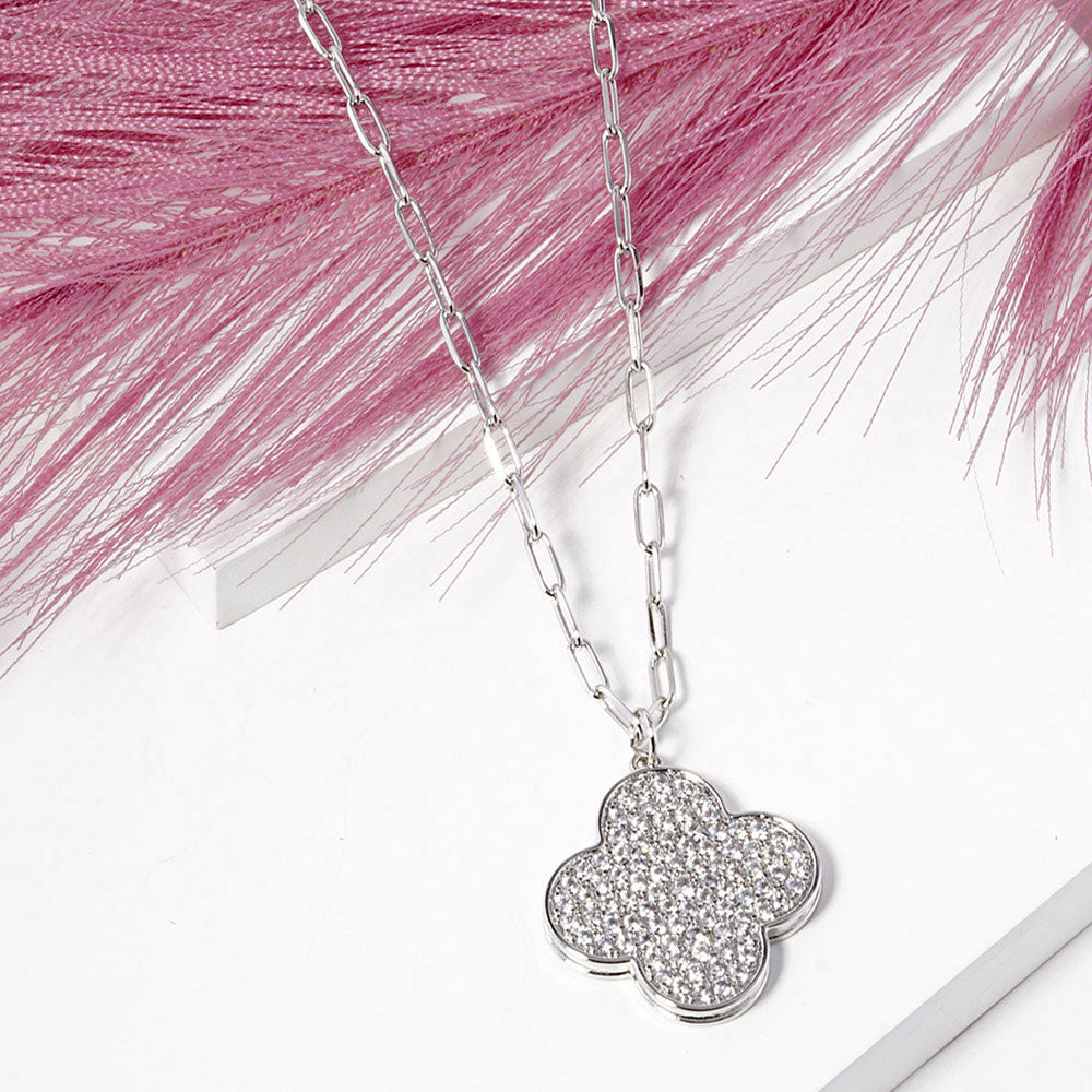 Madeline Love Clear, Rhodium White Gold Dipped Stone Paved Quatrefoil Pendant Necklace - Jewelry