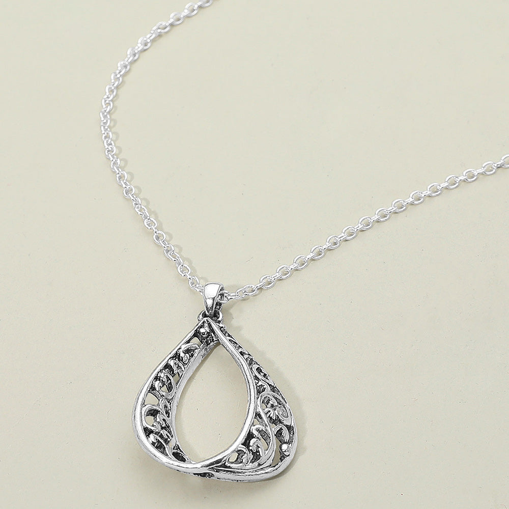 Madeline Love Antique Silver Antique Metal Filigree Ornate Open Teardrop Pendant Necklace - Necklaces