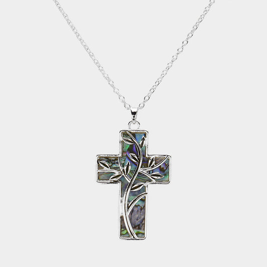 Madeline Love Abalone, Antique Silver Leaf Vine Pointed Abalone Cross Pendant Necklace - Jewelry