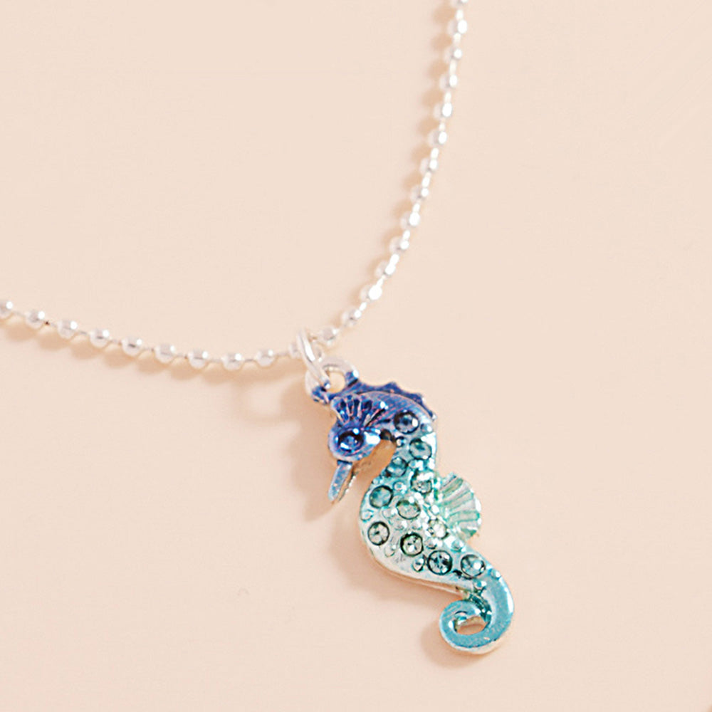 Madeline Love Blue, Silver Stone Paved Colored Metal Seahorse Pendant Necklace - Jewelry