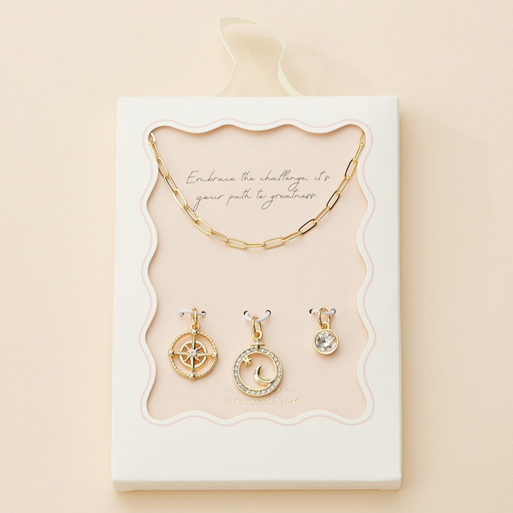 Madeline Love Gold Semi Fine Collection - 18K Gold Dipped Brass Metal Stone Paved Star Moon Compass Stone Charm Pendant Paperclip Chain Necklace - Necklaces