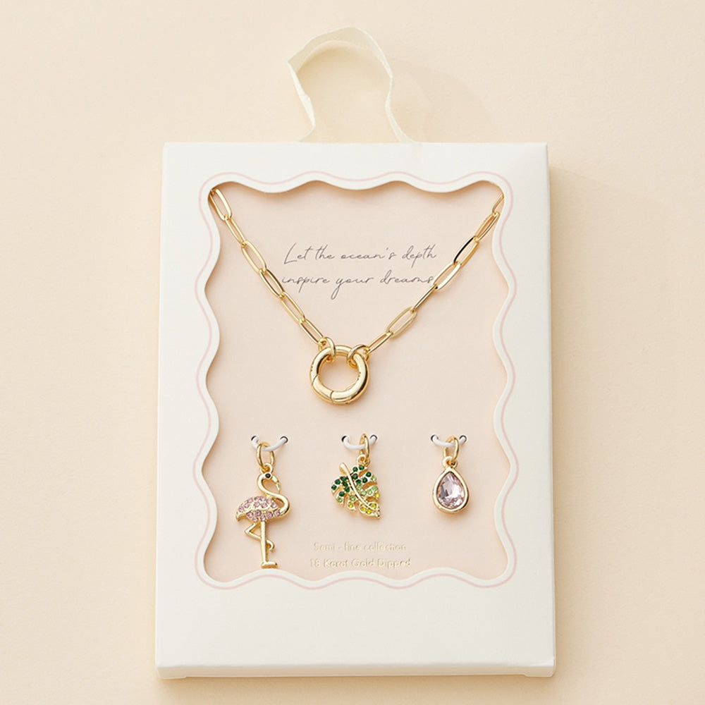 Madeline Love Gold Semi Fine Collection - 18K Gold Dipped Stone Paved Flamingo Tropical Leaf Teardrop Stone Pendant Paperclip Chain Necklace - Necklaces