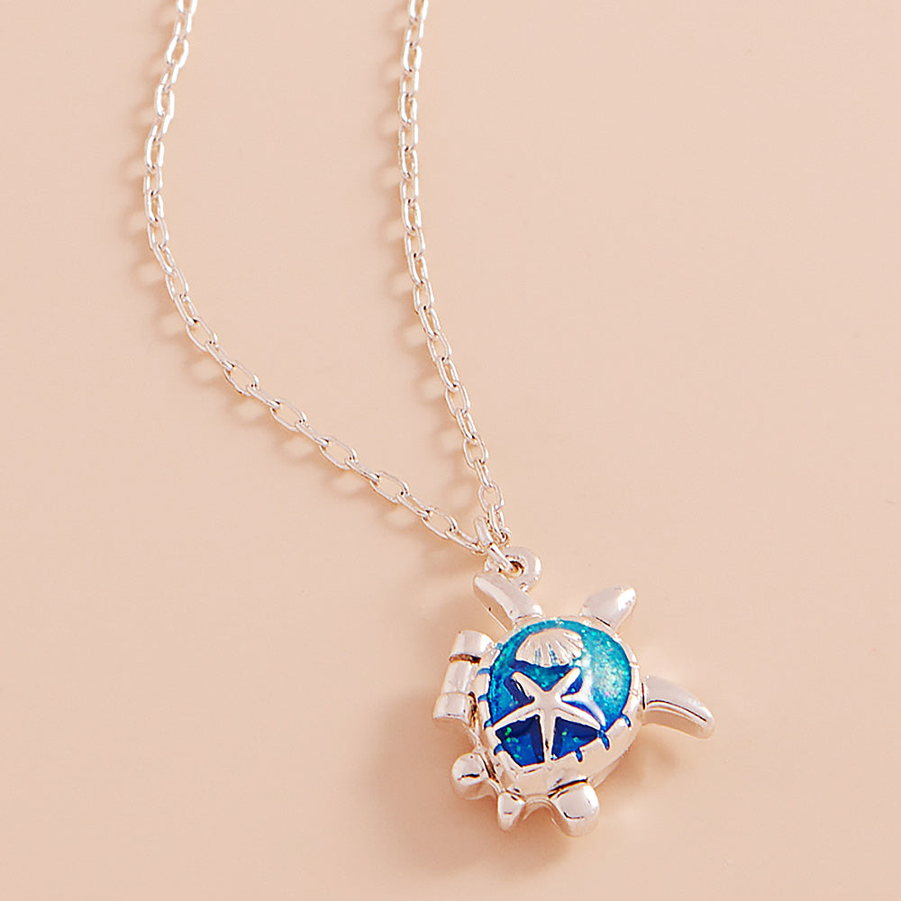 Blue Enamel Sea Turtle Locket Pendant Necklace