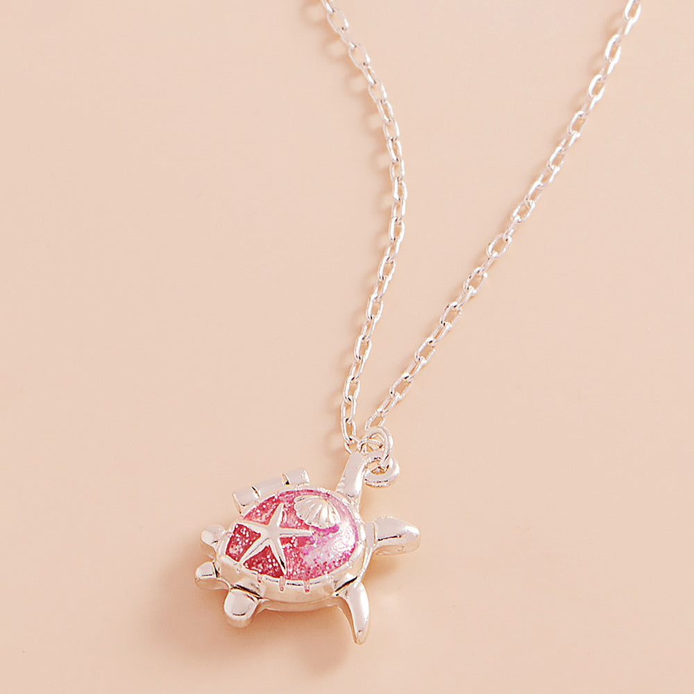 Pink Enamel Sea Turtle Locket Pendant Necklace