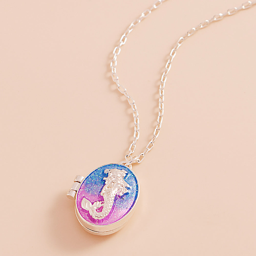 Purple Enamel Mermaid Locket Pendant Necklace