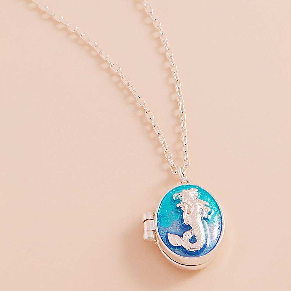 Turquoise Enamel Mermaid Locket Pendant Necklace