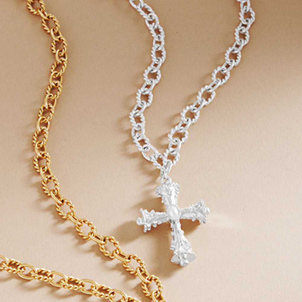 Madeline Love Cream, Silver Pearl Pointed Cross Pendant Textured Metal Chain Necklace - Jewelry
