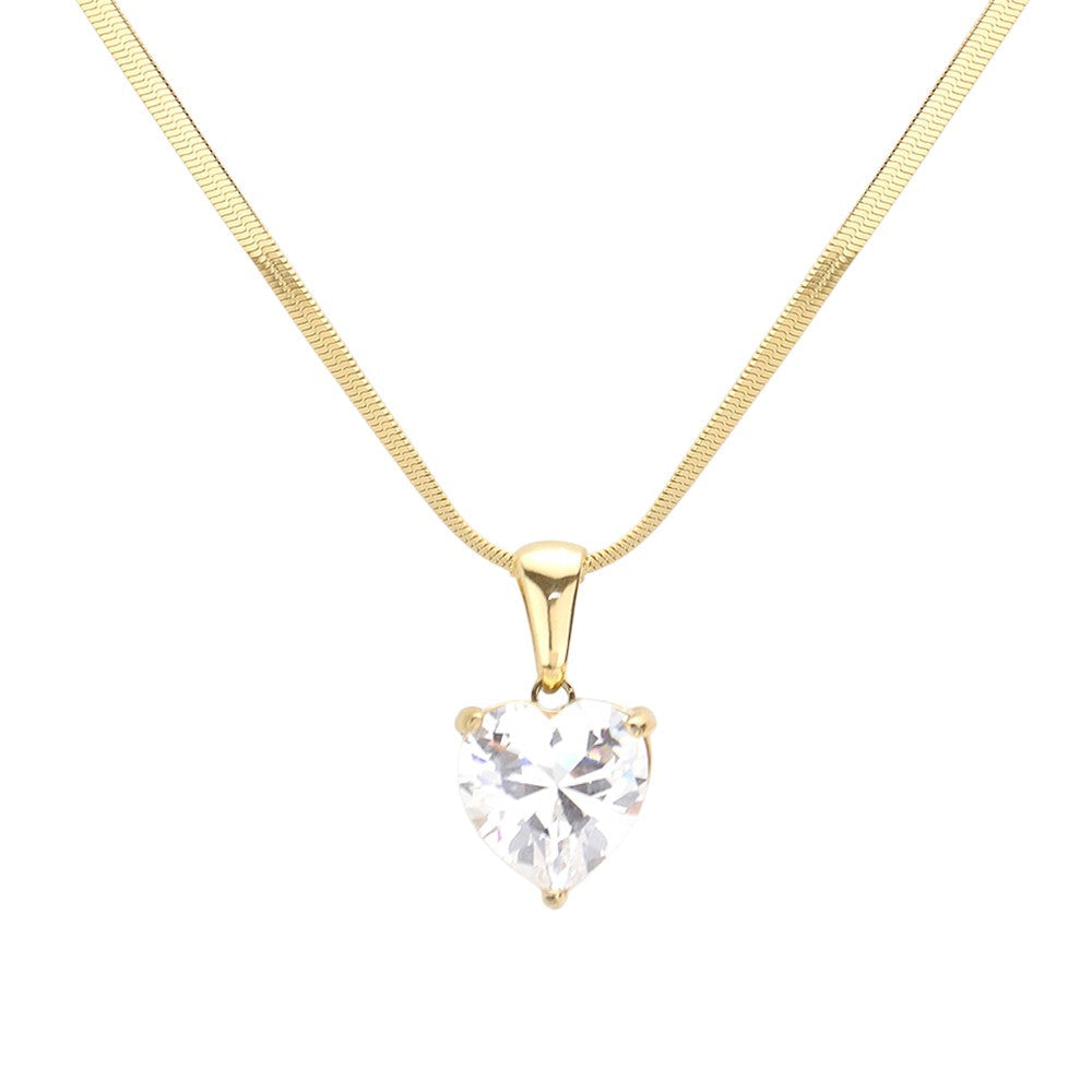 18K Gold Dipped Stainless Steel CZ Heart Pendant Necklace, a perfect way to add a luxurious touch to any outfit. Crafted from stainless steel in 18K gold plating, it features a sparkling cubic zirconia heart pendant. Durable and long-lasting, it's sure to make a statement. Perfect gift for Valentine's or any other day