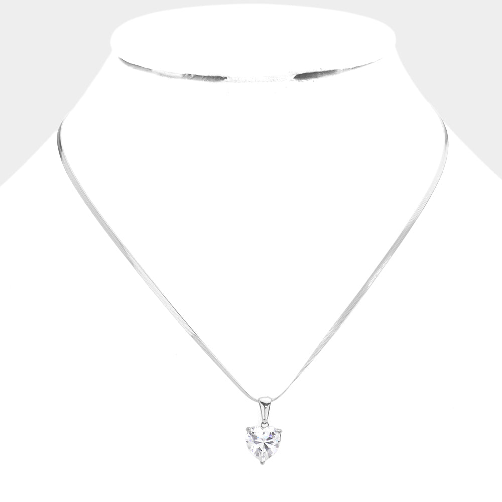 Stainless Steel CZ Heart Pendant Necklace - Necklaces