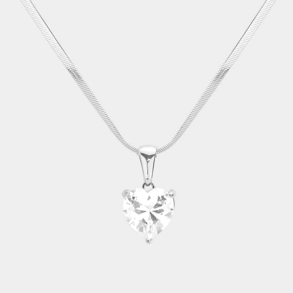 Stainless Steel CZ Heart Pendant Necklace - Rhodium - Necklaces