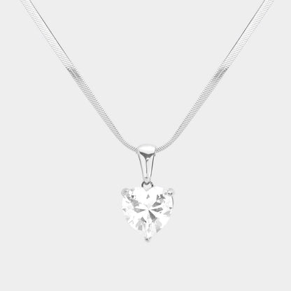 Stainless Steel CZ Heart Pendant Necklace - Rhodium - Necklaces