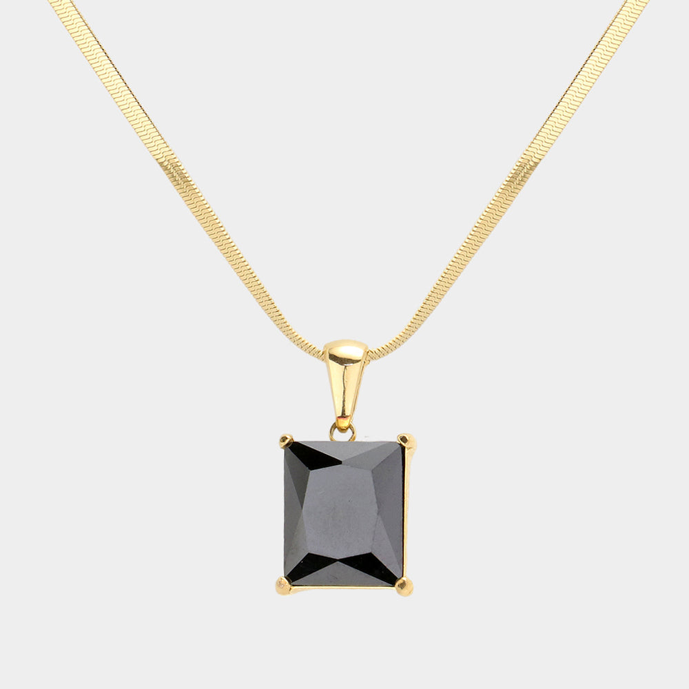 Madeline Love Black, Gold 18K Gold Dipped Stainless Steel CZ Rectangle Pendant Necklace - Hair Accessories