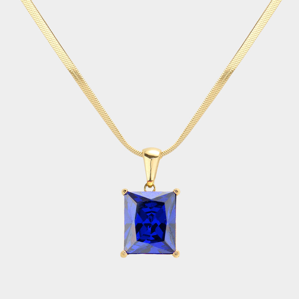 Madeline Love Blue, Gold 18K Gold Dipped Stainless Steel CZ Rectangle Pendant Necklace - Hair Accessories