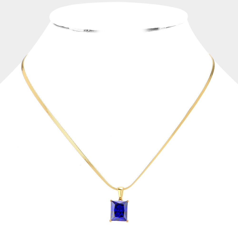 Madeline Love Blue, Gold 18K Gold Dipped Stainless Steel CZ Rectangle Pendant Necklace - Hair Accessories - desc