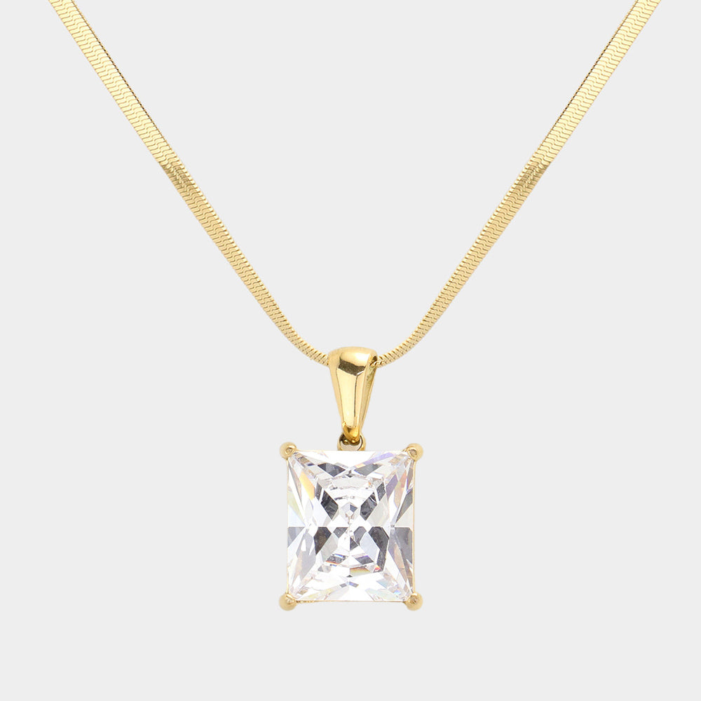 Madeline Love Clear, Gold 18K Gold Dipped Stainless Steel CZ Rectangle Pendant Necklace - Hair Accessories