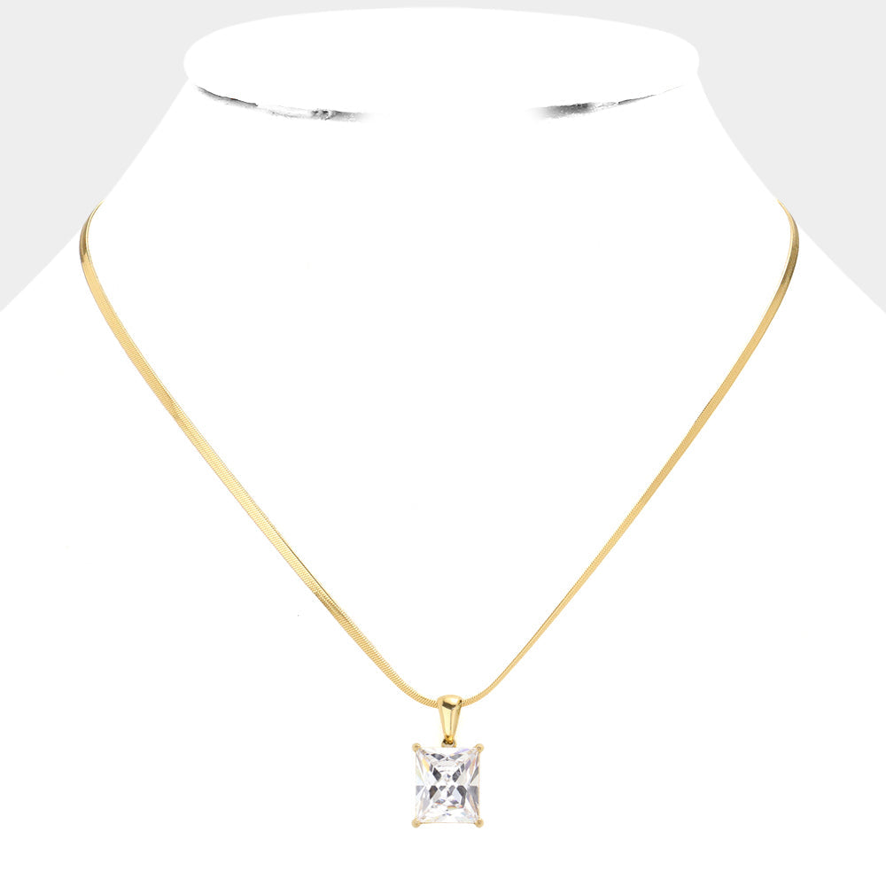 Madeline Love Clear, Gold 18K Gold Dipped Stainless Steel CZ Rectangle Pendant Necklace - Hair Accessories - desc