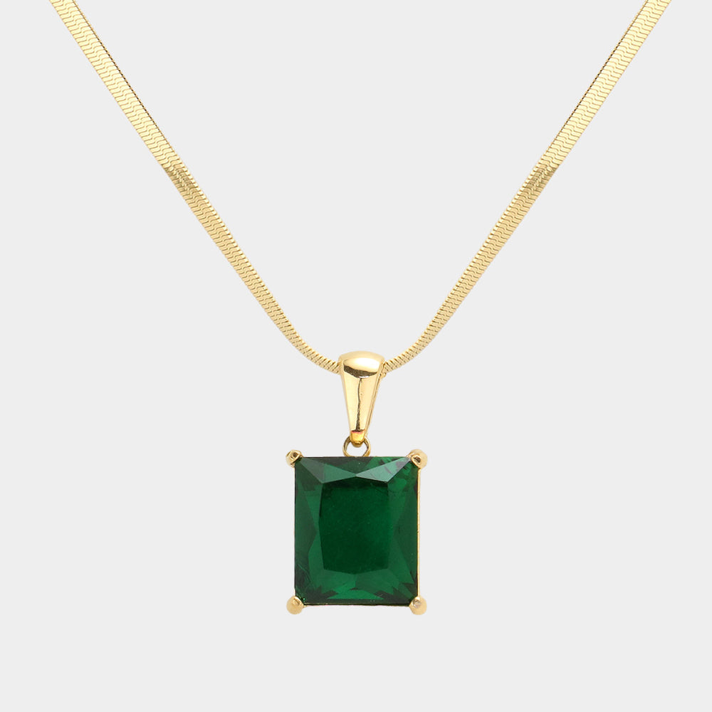 Madeline Love Gold, Green 18K Gold Dipped Stainless Steel CZ Rectangle Pendant Necklace - Hair Accessories