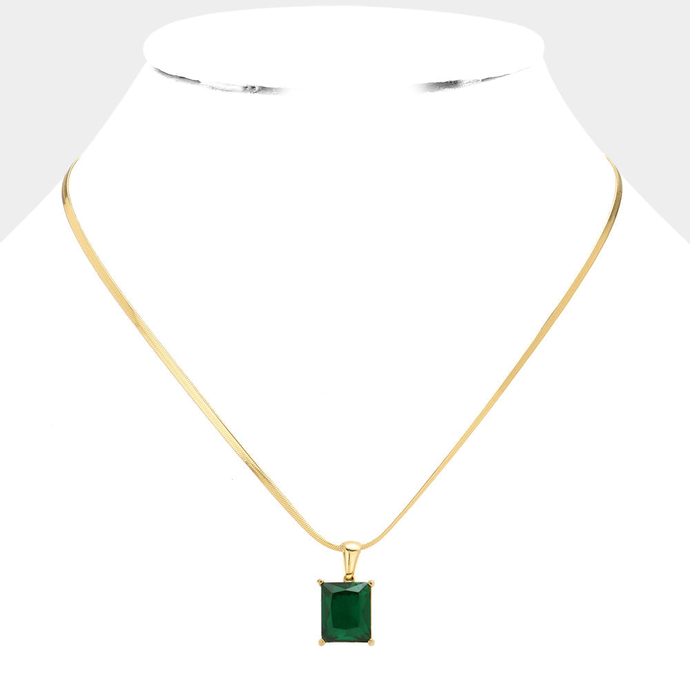 Madeline Love Gold, Green 18K Gold Dipped Stainless Steel CZ Rectangle Pendant Necklace - Hair Accessories - desc