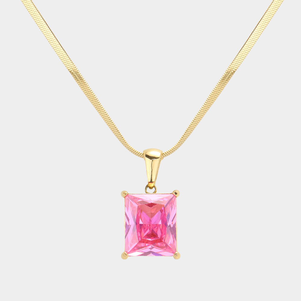 Madeline Love Gold, Pink 18K Gold Dipped Stainless Steel CZ Rectangle Pendant Necklace - Hair Accessories