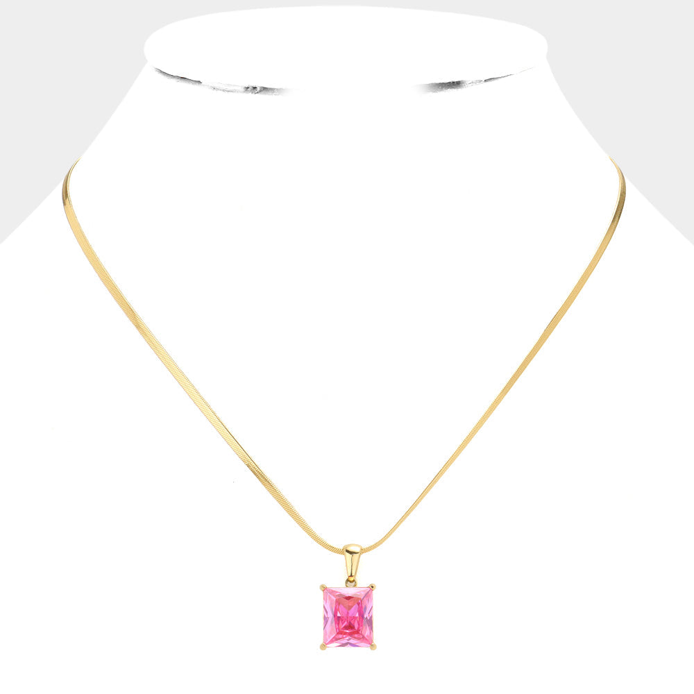 Madeline Love Gold, Pink 18K Gold Dipped Stainless Steel CZ Rectangle Pendant Necklace - Hair Accessories - desc