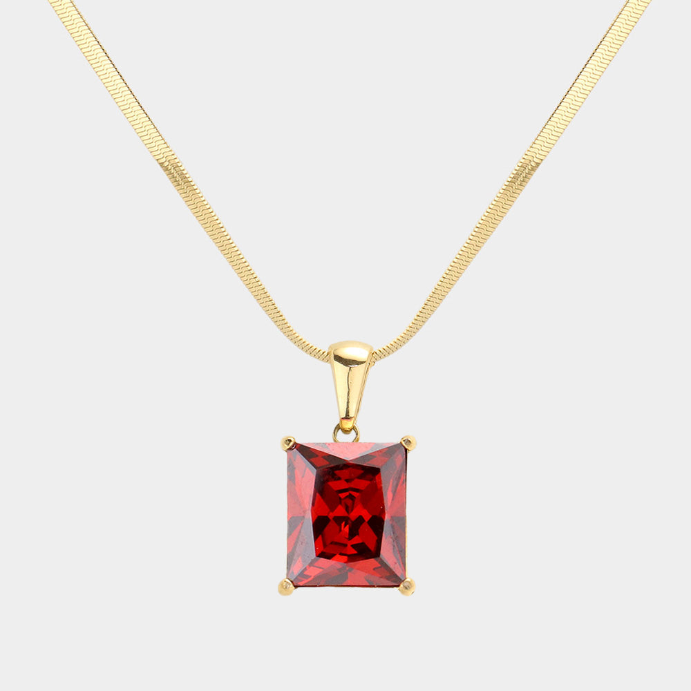 Madeline Love Gold, Red 18K Gold Dipped Stainless Steel CZ Rectangle Pendant Necklace - Hair Accessories