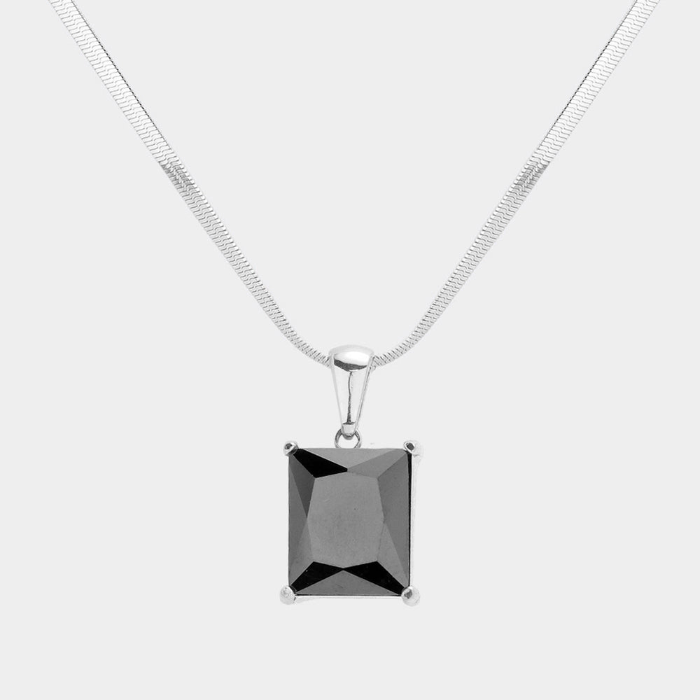 Madeline Love Black, Rhodium Stainless Steel CZ Rectangle Pendant Necklace - Hair Accessories