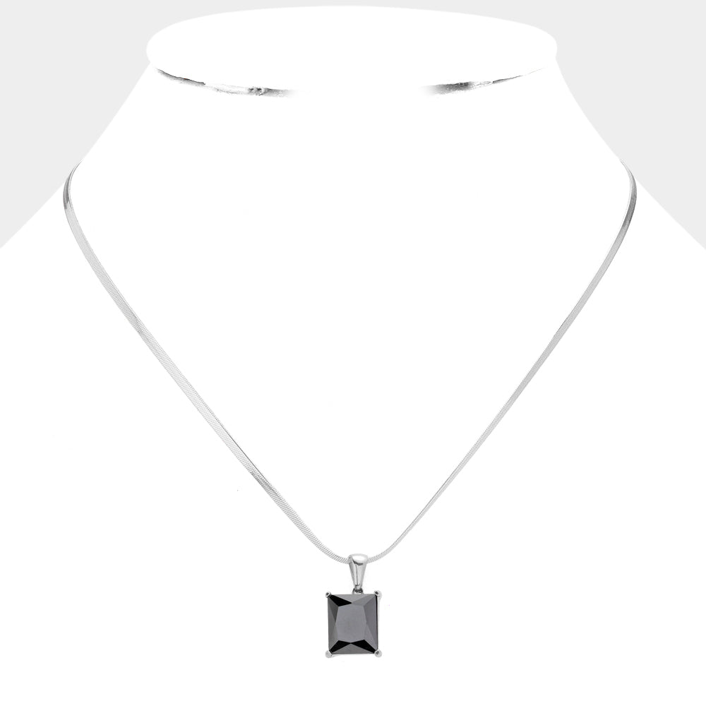 Madeline Love Black, Rhodium Stainless Steel CZ Rectangle Pendant Necklace - Hair Accessories - desc