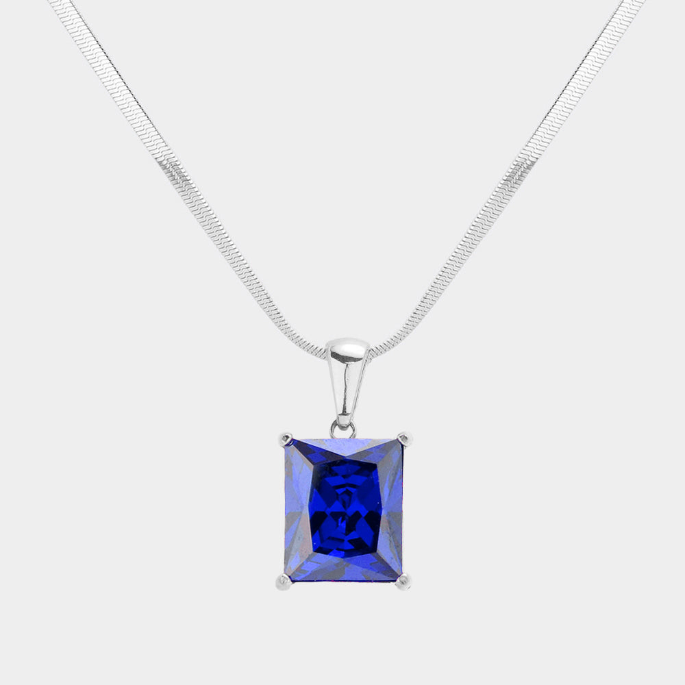 Madeline Love Blue, Rhodium Stainless Steel CZ Rectangle Pendant Necklace - Hair Accessories