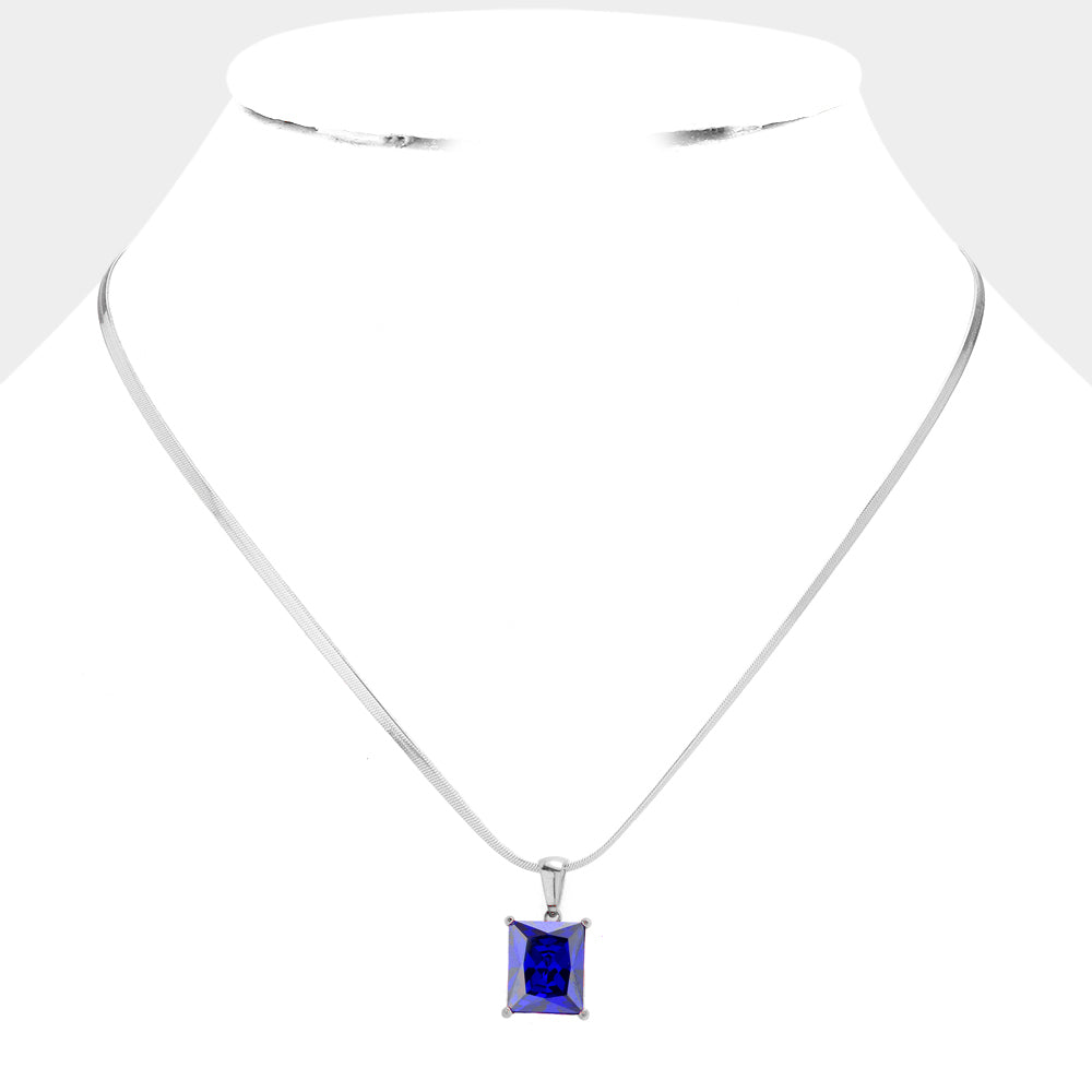Madeline Love Blue, Rhodium Stainless Steel CZ Rectangle Pendant Necklace - Hair Accessories - desc