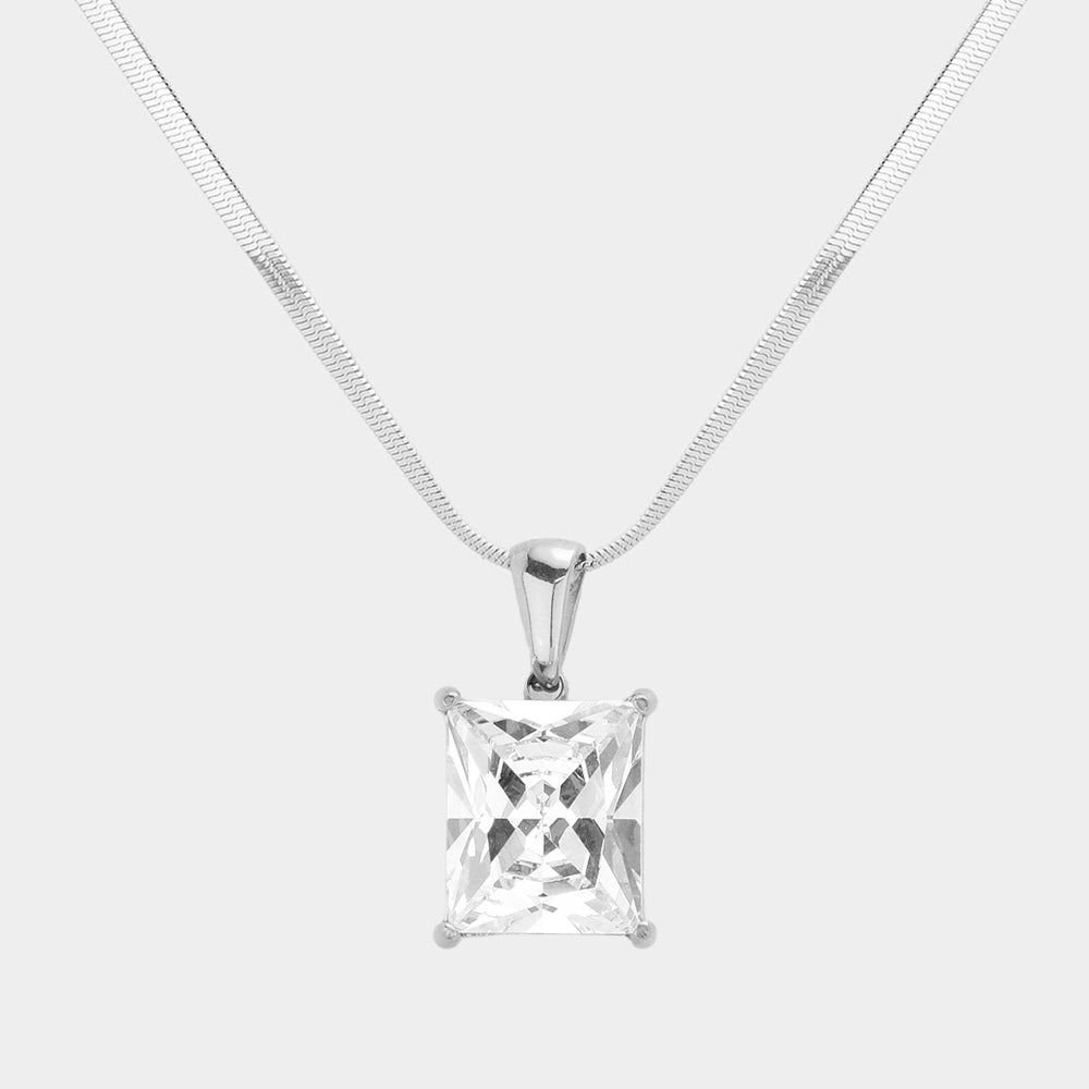 Madeline Love Clear, Rhodium Stainless Steel CZ Rectangle Pendant Necklace - Hair Accessories