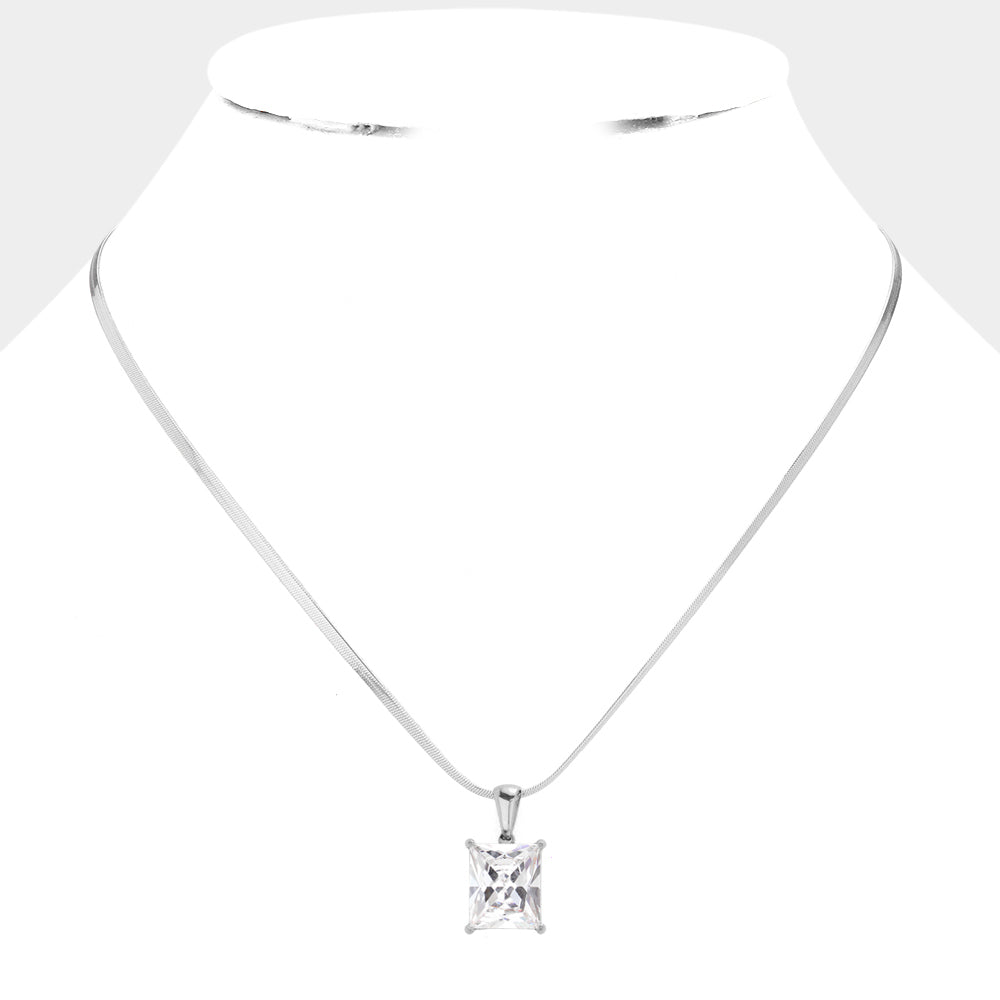 Madeline Love Clear, Rhodium Stainless Steel CZ Rectangle Pendant Necklace - Hair Accessories - desc