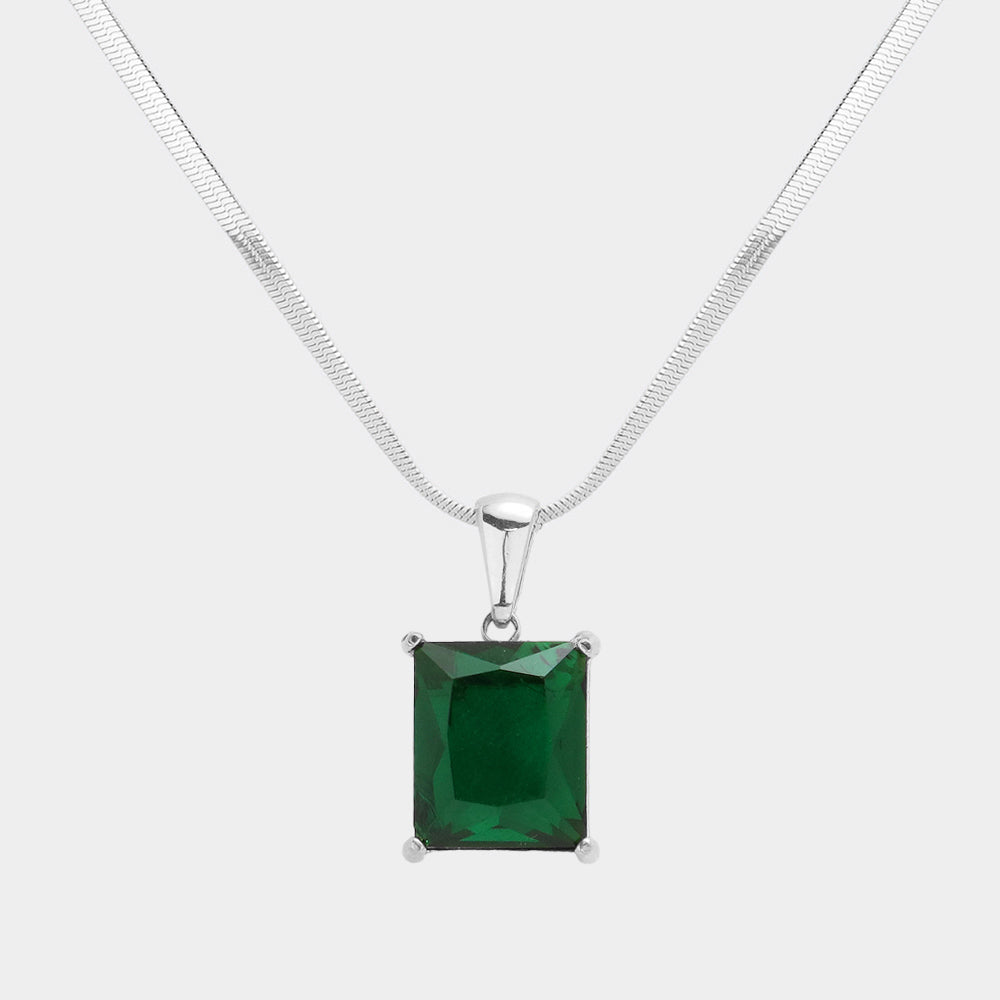 Madeline Love Green, Rhodium Stainless Steel CZ Rectangle Pendant Necklace - Hair Accessories