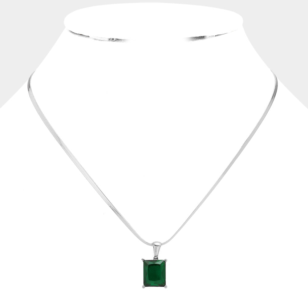 Madeline Love Green, Rhodium Stainless Steel CZ Rectangle Pendant Necklace - Hair Accessories - desc