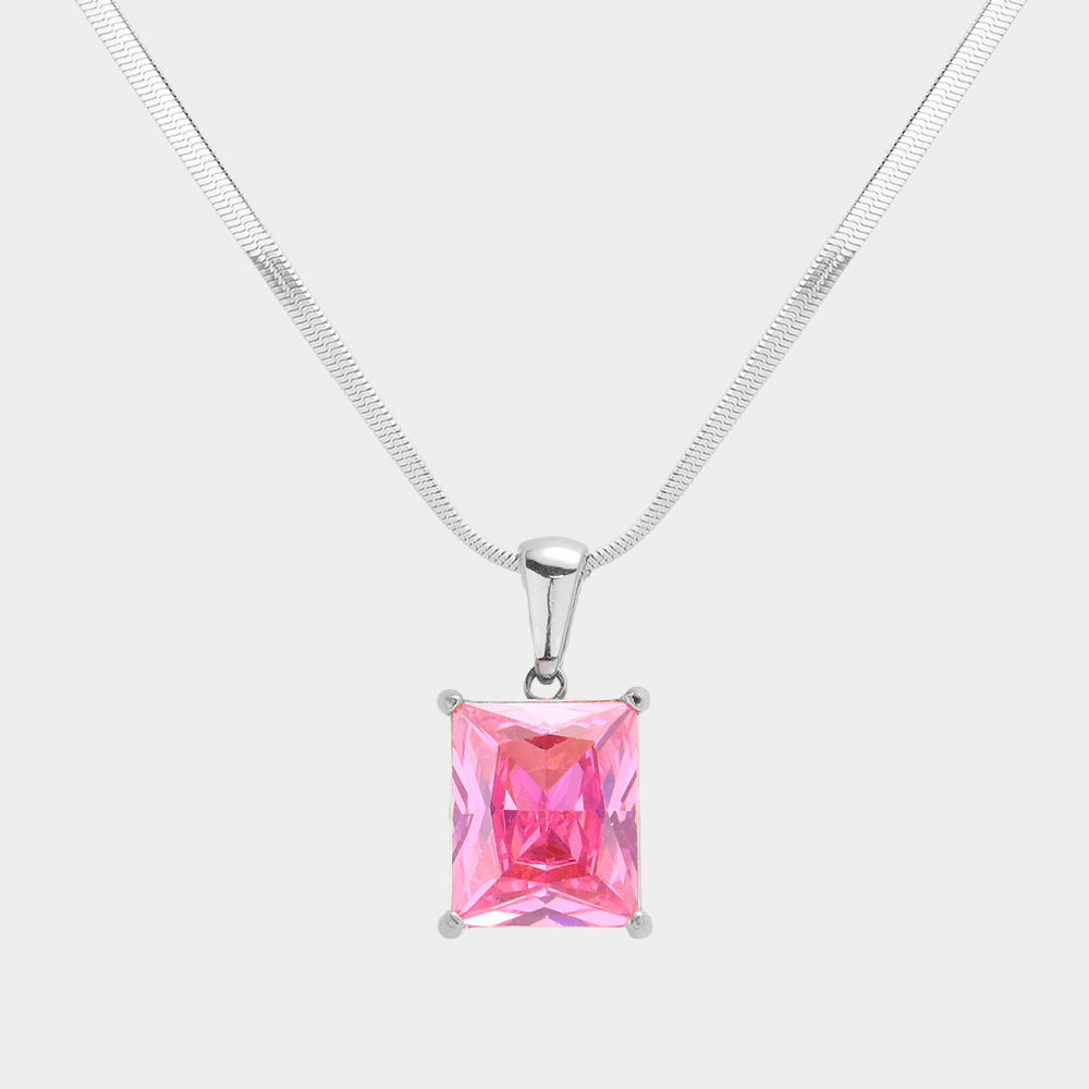 Madeline Love Pink, Rhodium Stainless Steel CZ Rectangle Pendant Necklace - Hair Accessories
